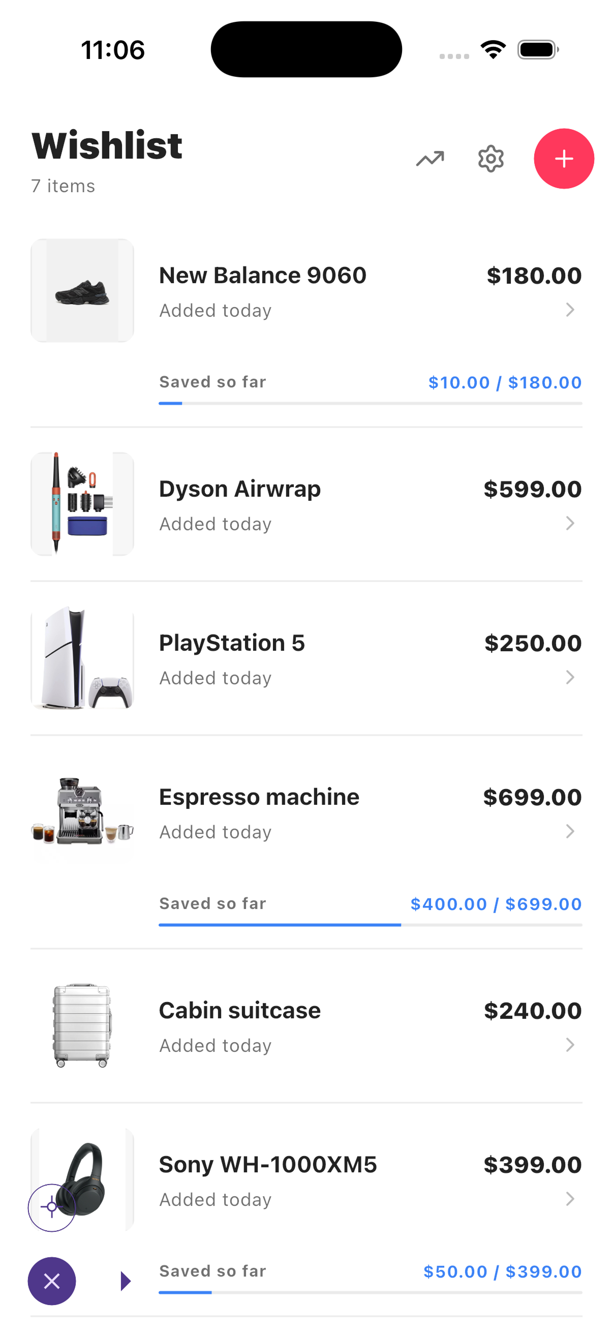 BuyLater wishlist screen